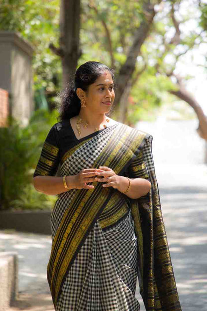 Beautiful Black & White Small Checks Pure Silk Cotton Saree With Contrast Black Traditional Border
