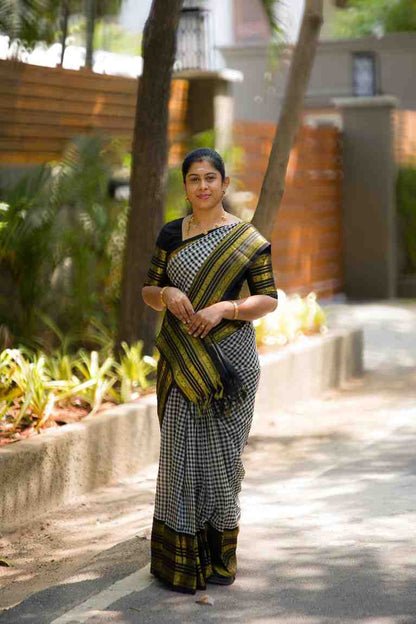 Beautiful Black & White Small Checks Pure Silk Cotton Saree With Contrast Black Traditional Border