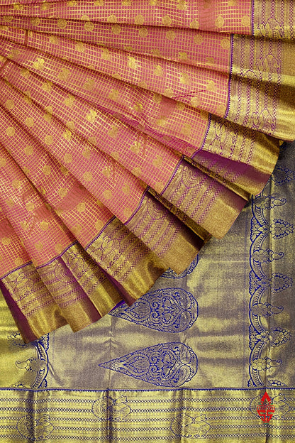 Onion Pink Checks Grand Bridal Semi Silk Saree With Violet Border