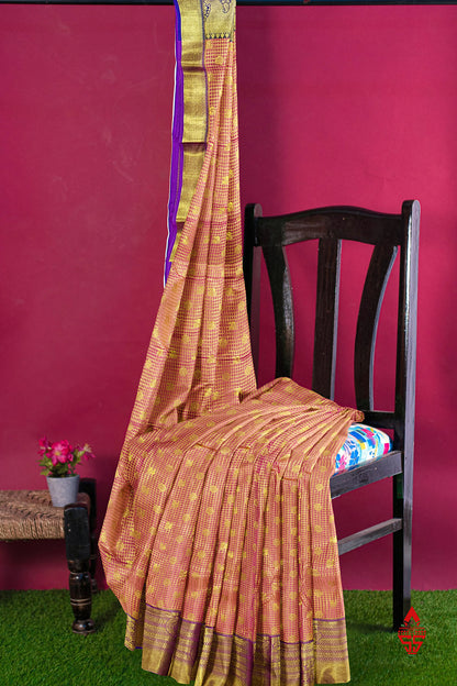 Onion Pink Checks Grand Bridal Semi Silk Saree With Violet Border