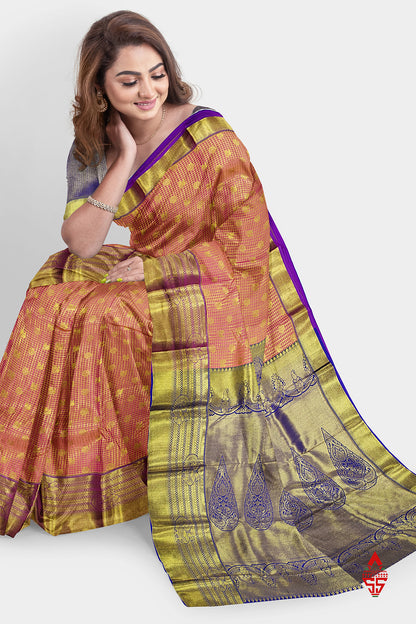 Onion Pink Checks Grand Bridal Semi Silk Saree With Violet Border