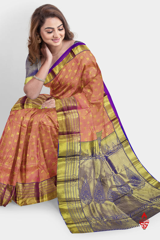 Onion Pink Checks Grand Bridal Semi Silk Saree With Violet Border