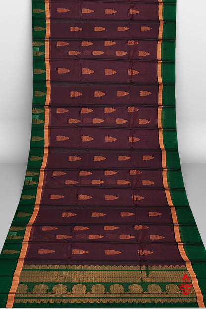 Brown Beautiful SICO Cotton Saree With Bottle Green Border