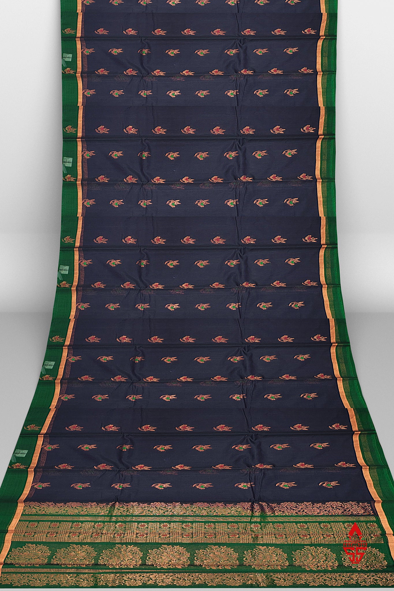 Dark Navy Blue Beautiful SICO Cotton Saree With Bottle Green Border