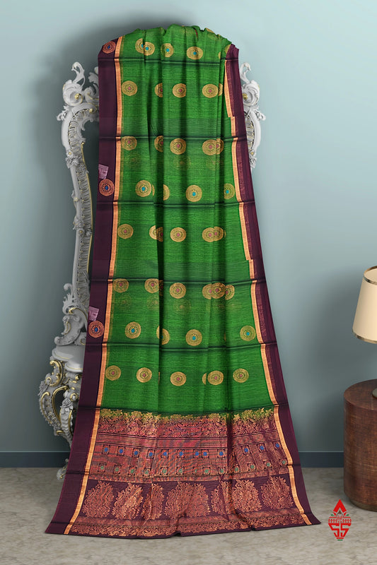 Green Beautiful SICO Cotton Saree With Violet Border