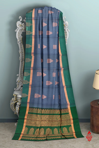 Dark Grey Beautiful SICO Cotton Saree With Green Border