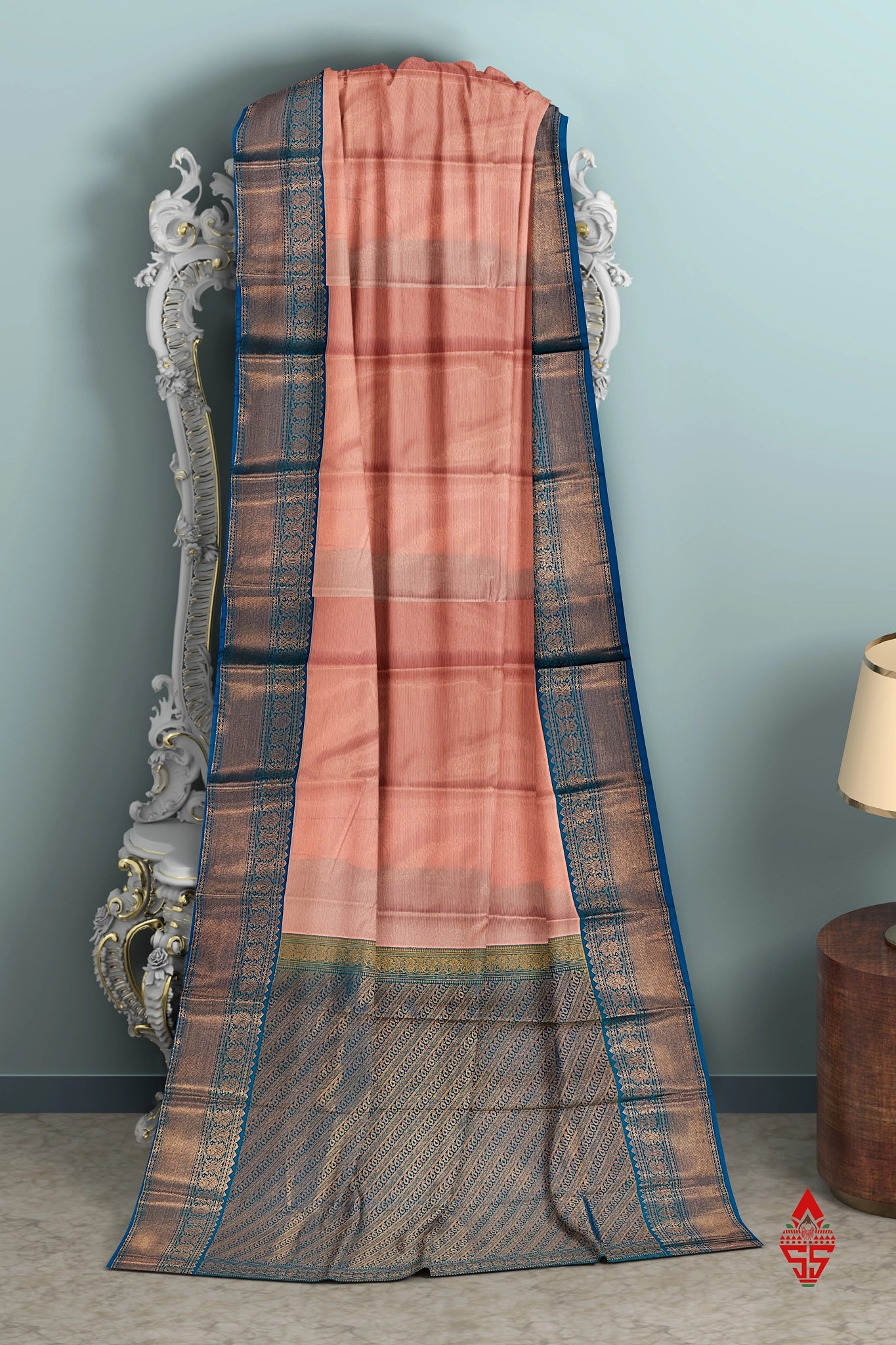 Light Peach Vairaoosi  Semi Silk Saree With Ramar Blue Border