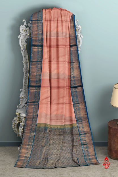 Light Peach Vairaoosi  Semi Silk Saree With Ramar Blue Border