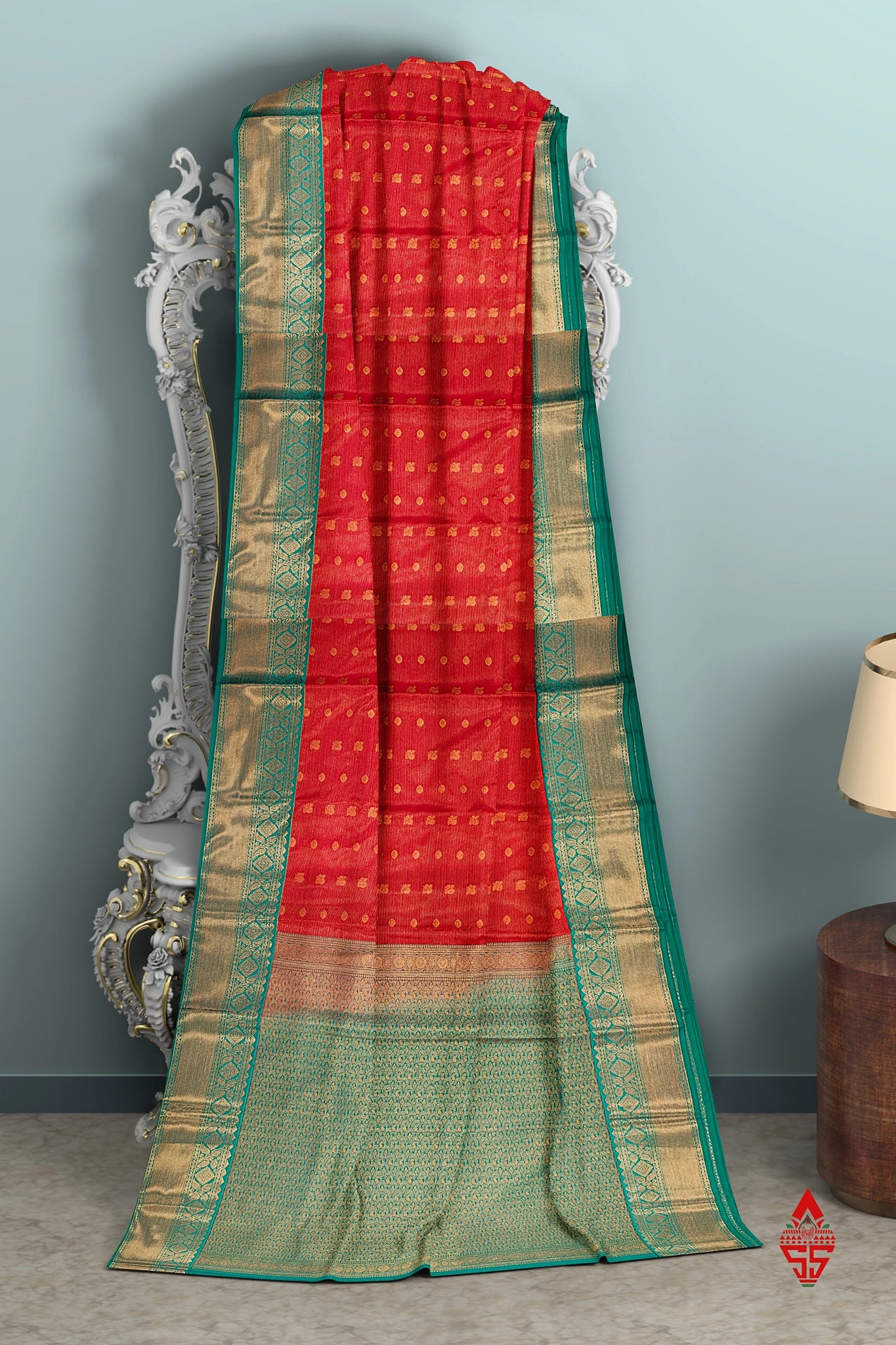 Red Vairaoosi  Semi Silk Saree With Sapphire Green Border