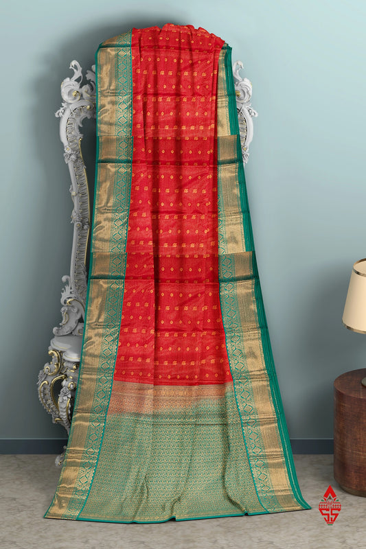 Red Vairaoosi  Semi Silk Saree With Sapphire Green Border