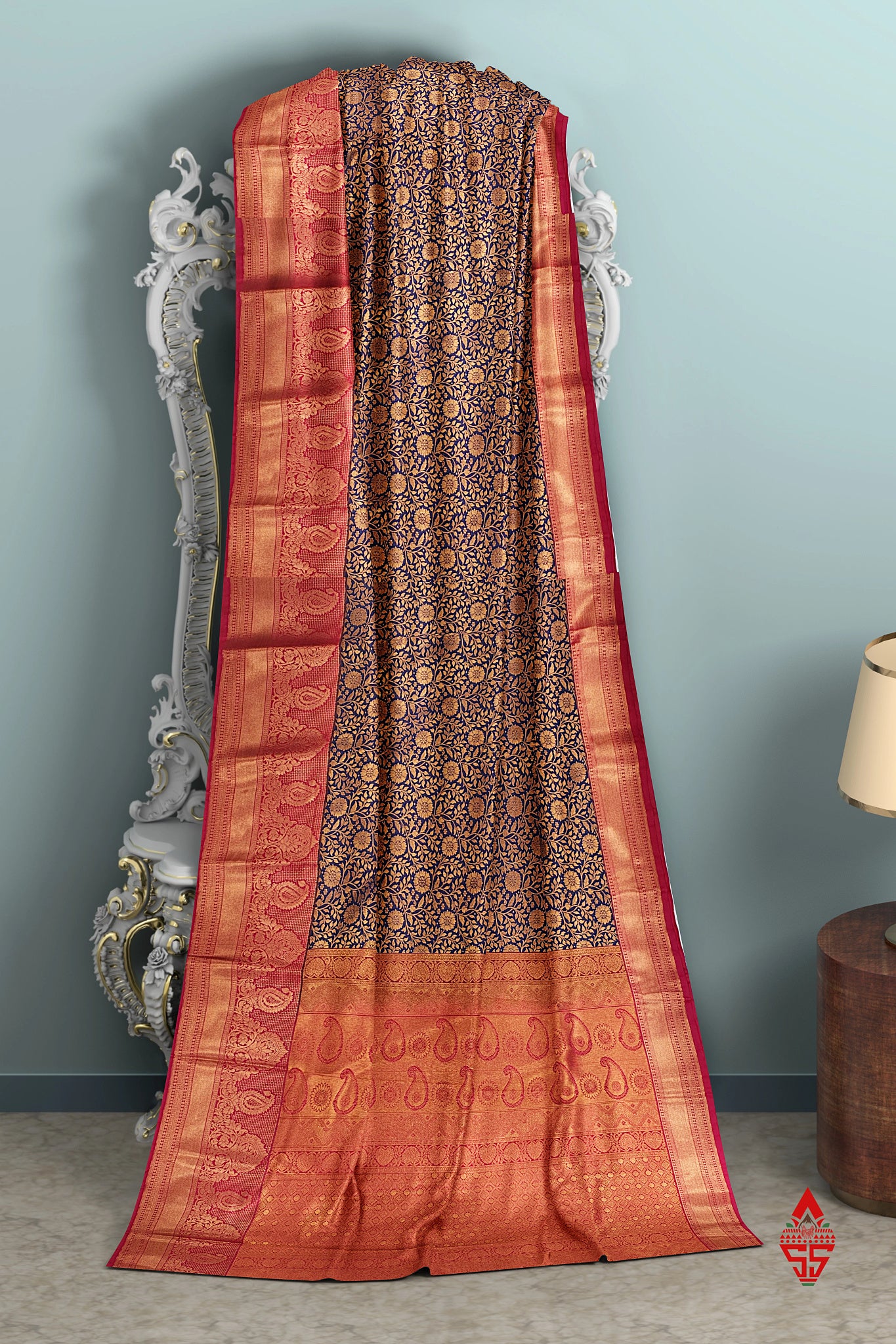 Navy Blue Grand Bridal Semi Silk Saree With Pink Border