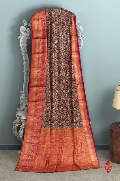 Navy Blue Grand Bridal Semi Silk Saree With Pink Border