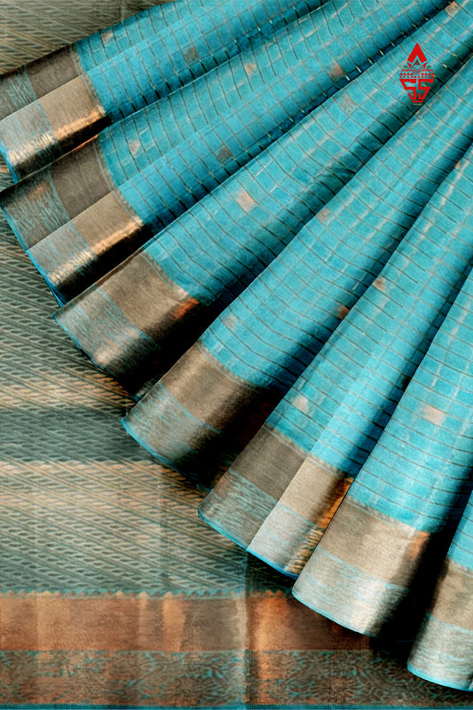 Kanjivaram Ramar Blue Checks Silk Saree With Blouse