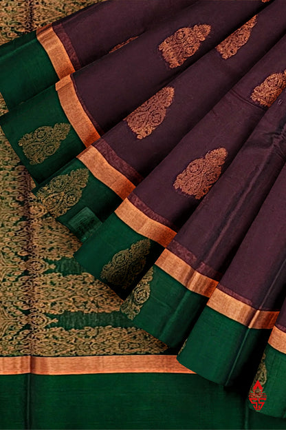 Brown Beautiful SICO Cotton Saree With Bottle Green Border