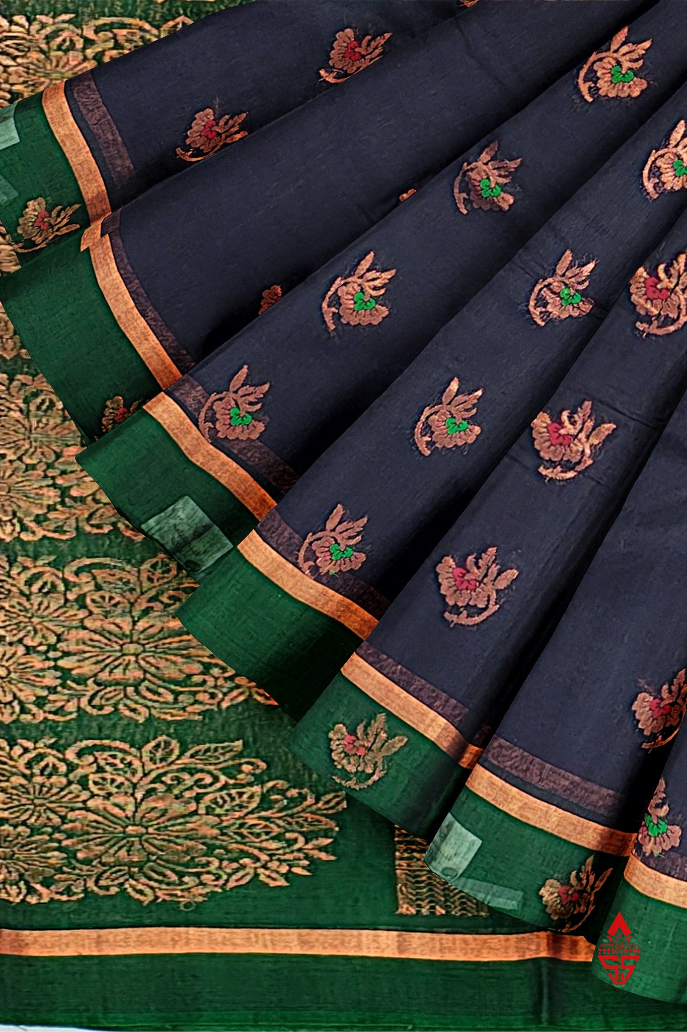 Dark Navy Blue Beautiful SICO Cotton Saree With Bottle Green Border