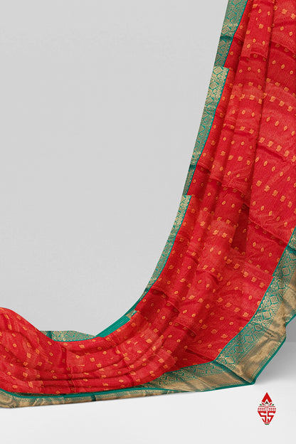 Red Vairaoosi  Semi Silk Saree With Sapphire Green Border