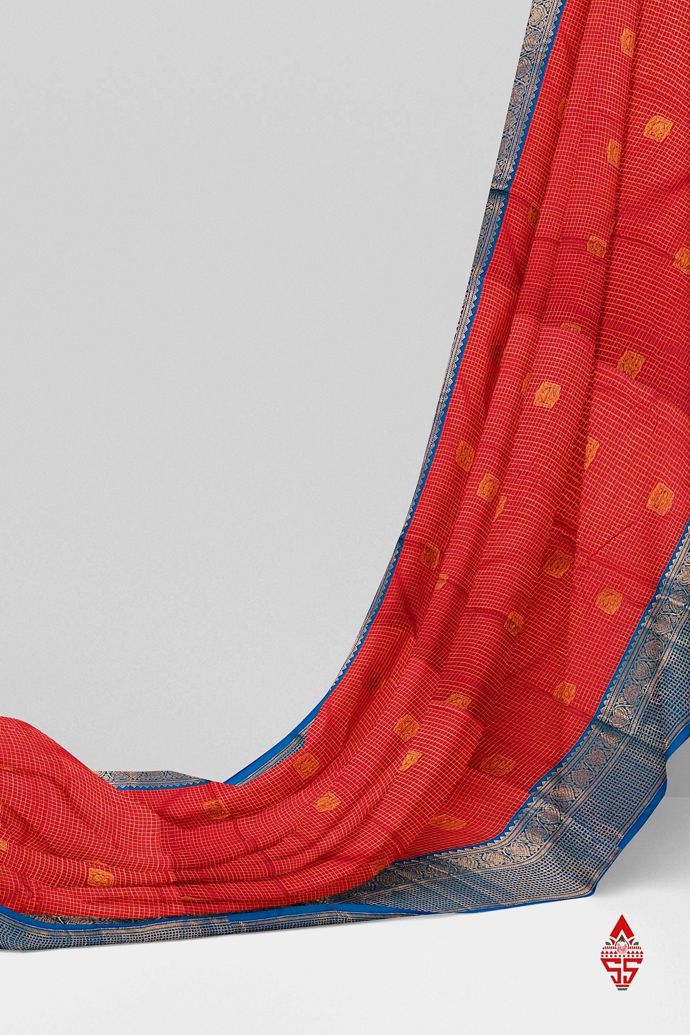 Red Checks Semi Silk Saree With Ramar Blue Border