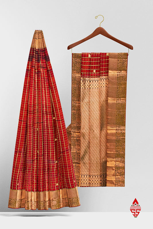 Kanjivaram Maroon Checks Silk Saree With Blouse