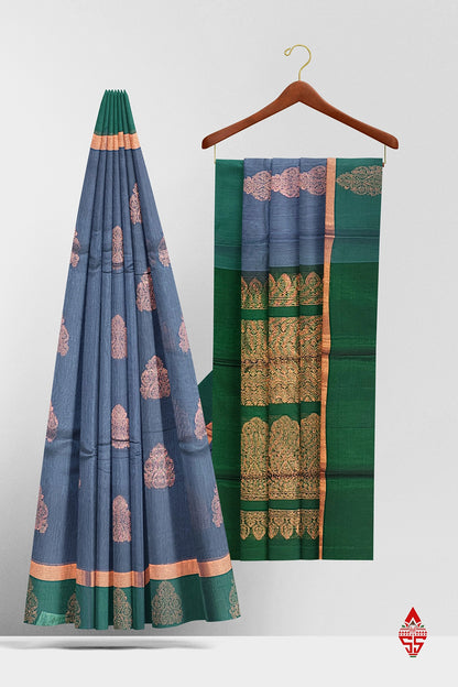 Dark Grey Beautiful SICO Cotton Saree With Green Border