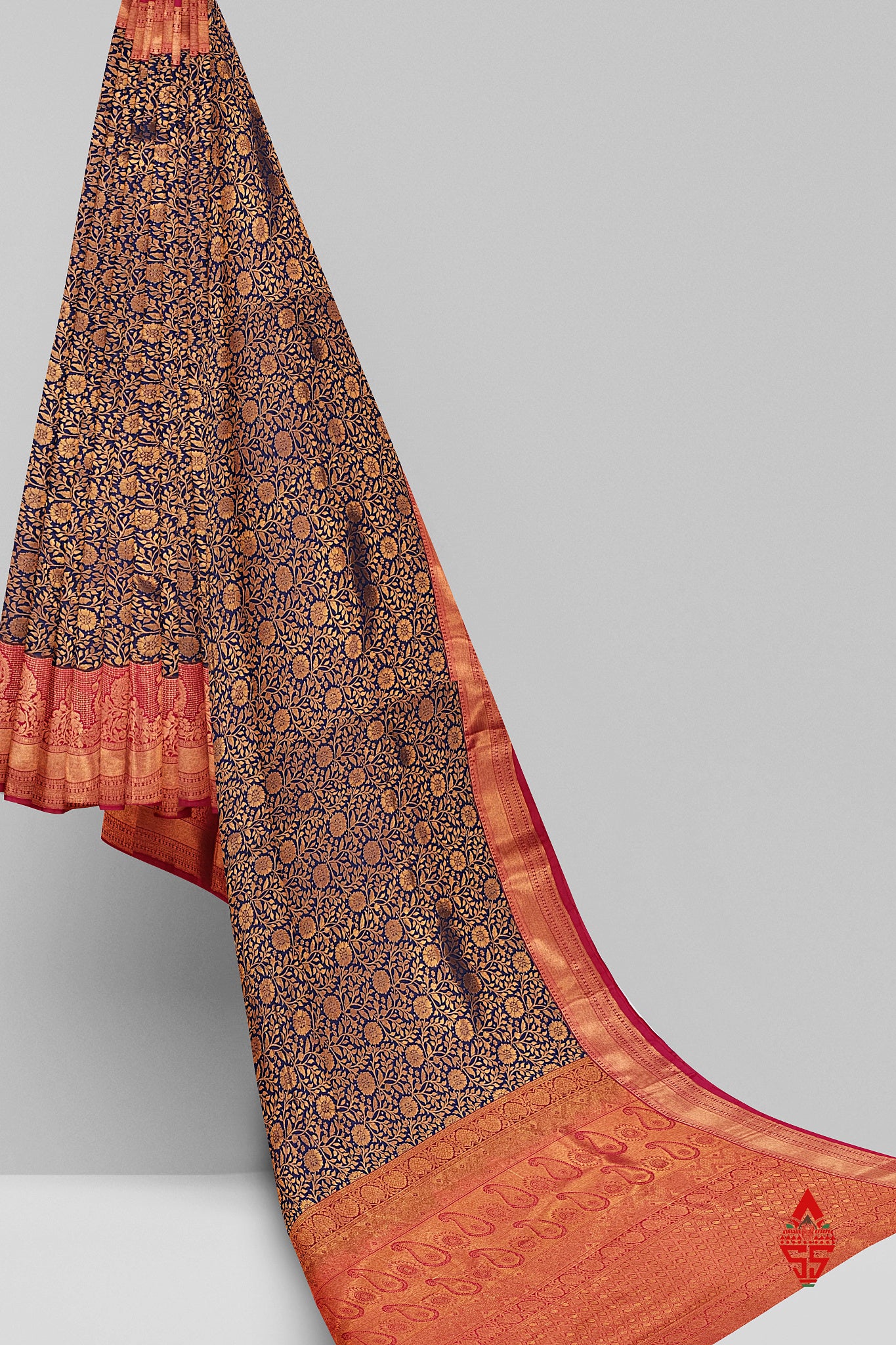 Navy Blue Grand Bridal Semi Silk Saree With Pink Border