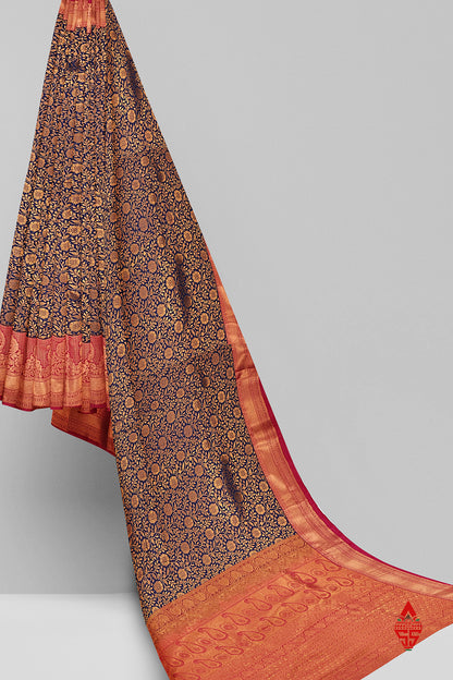 Navy Blue Grand Bridal Semi Silk Saree With Pink Border