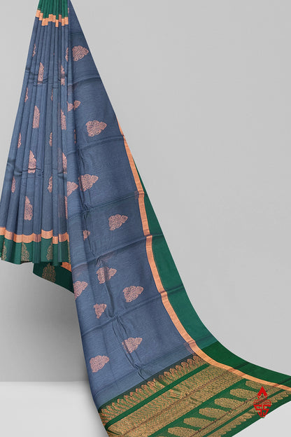 Dark Grey Beautiful SICO Cotton Saree With Green Border