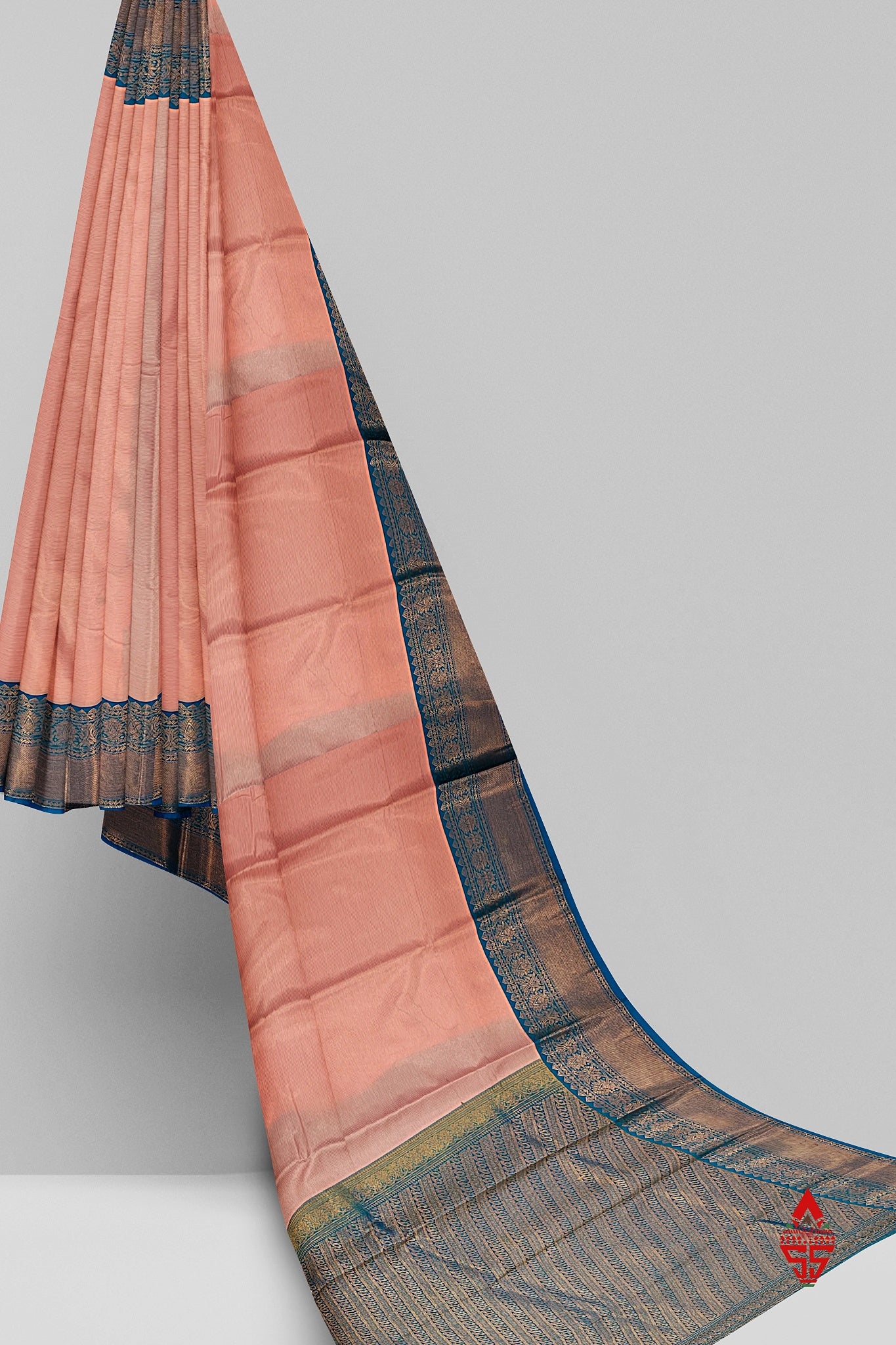 Light Peach Vairaoosi  Semi Silk Saree With Ramar Blue Border