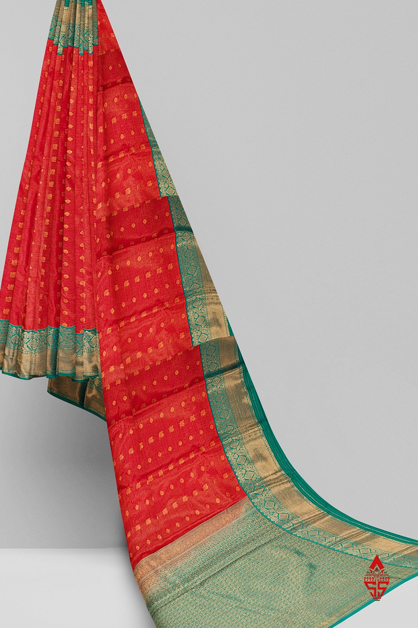 Red Vairaoosi  Semi Silk Saree With Sapphire Green Border