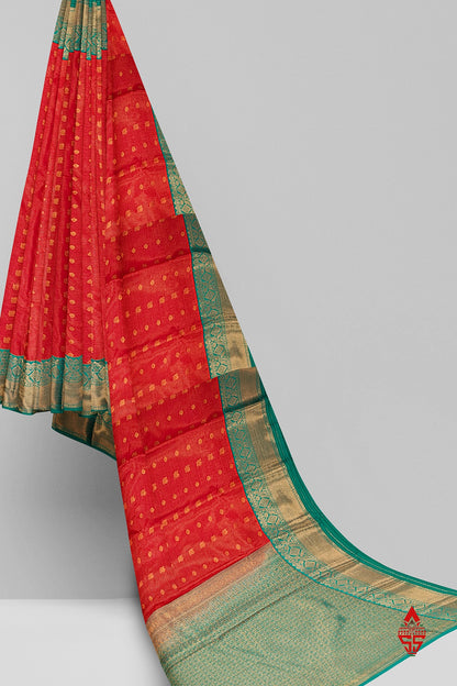 Red Vairaoosi  Semi Silk Saree With Sapphire Green Border