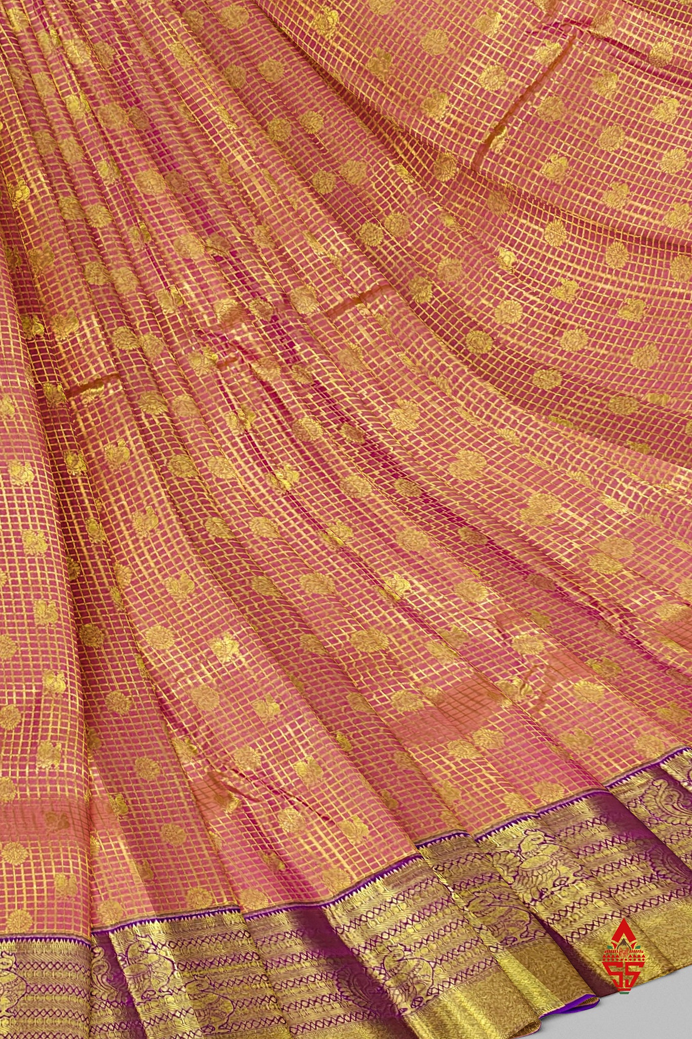 Onion Pink Checks Grand Bridal Semi Silk Saree With Violet Border