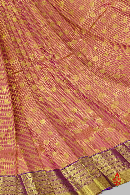 Onion Pink Checks Grand Bridal Semi Silk Saree With Violet Border