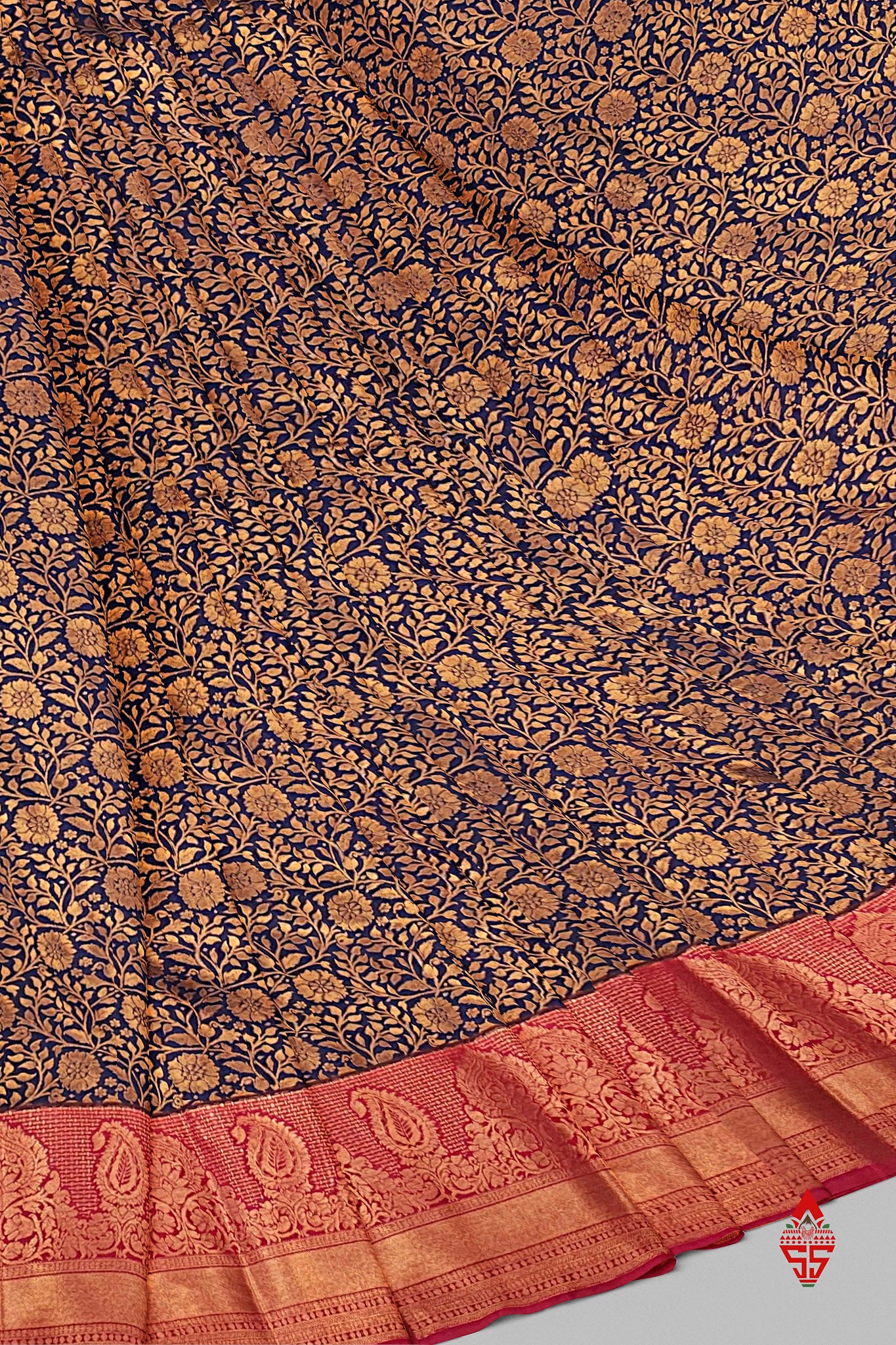 Navy Blue Grand Bridal Semi Silk Saree With Pink Border