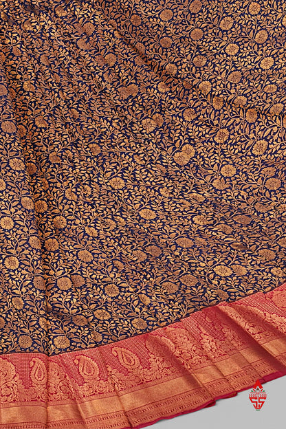 Navy Blue Grand Bridal Semi Silk Saree With Pink Border