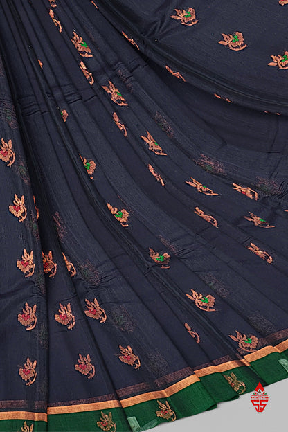 Dark Navy Blue Beautiful SICO Cotton Saree With Bottle Green Border
