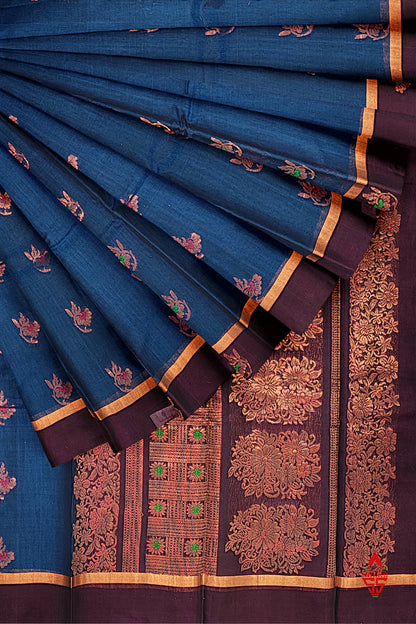 Olive Blue Beautiful SICO Cotton Saree With Violet Border