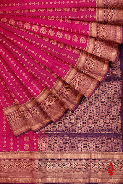 Reddish Pink Semi Soft Silk Saree With Violet Blouse