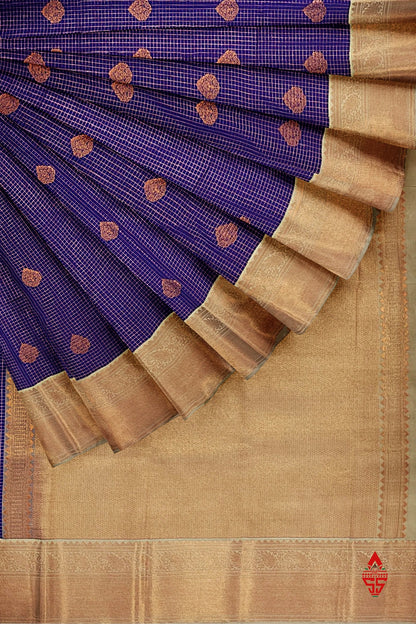 Violet Checks Semi Silk Saree With Sandal Border