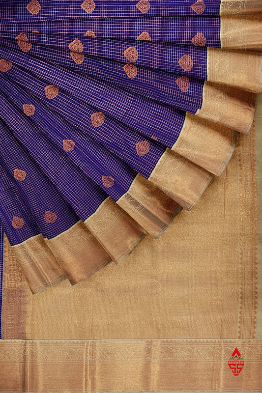Violet Checks Semi Silk Saree With Sandal Border