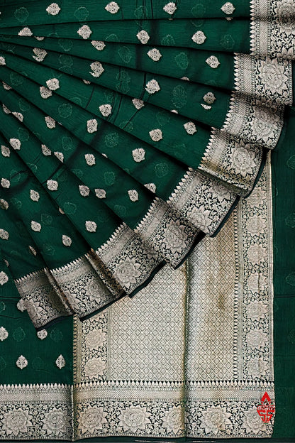 Bottle Green Beautiful Fancy Saree With Fancy Silver Zari Border