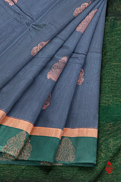 Dark Grey Beautiful SICO Cotton Saree With Green Border