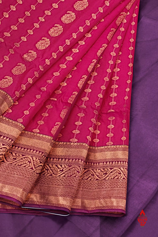 Reddish Pink Semi Soft Silk Saree With Violet Blouse