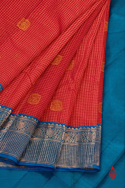 Red Checks Semi Silk Saree With Ramar Blue Border