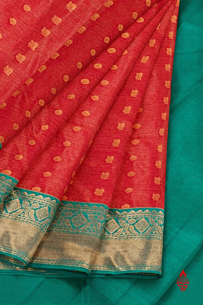 Red Vairaoosi  Semi Silk Saree With Sapphire Green Border