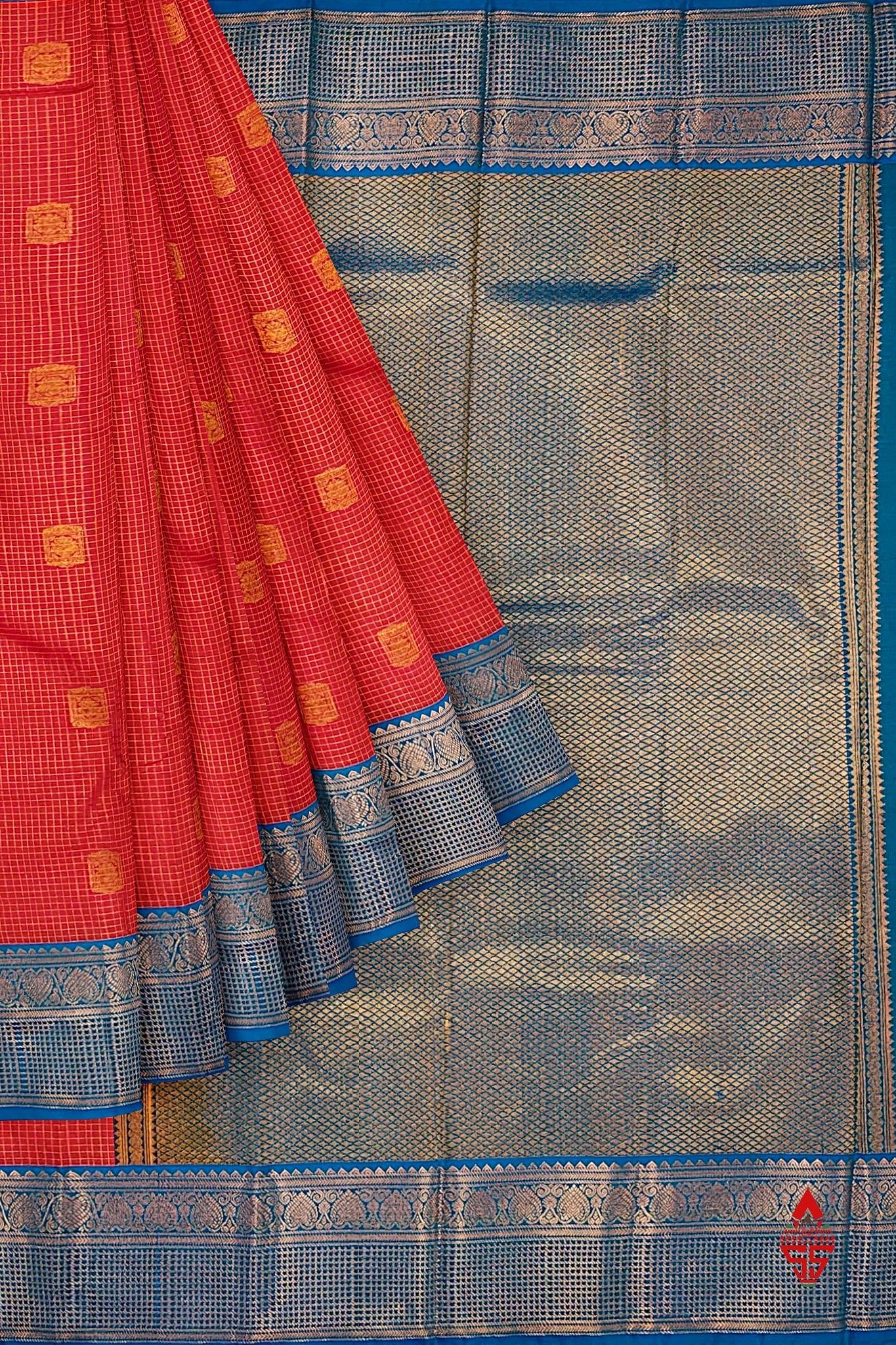 Red Checks Semi Silk Saree With Ramar Blue Border