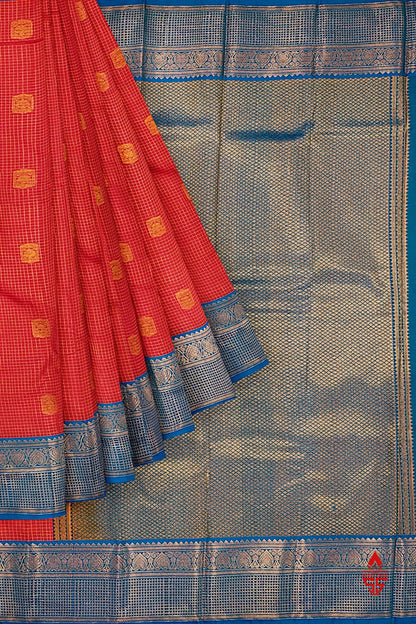 Red Checks Semi Silk Saree With Ramar Blue Border