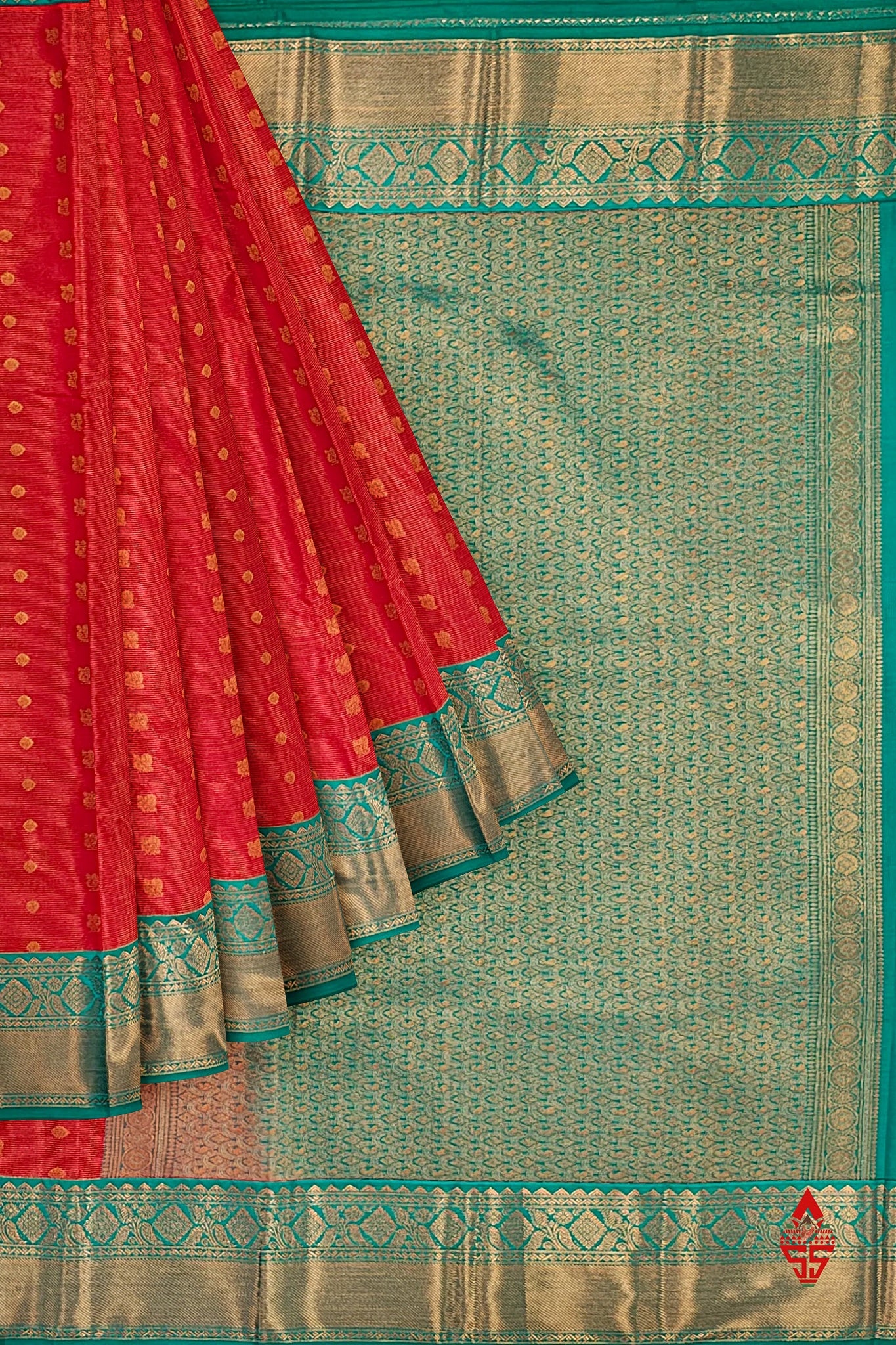 Red Vairaoosi  Semi Silk Saree With Sapphire Green Border