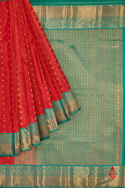 Red Vairaoosi  Semi Silk Saree With Sapphire Green Border
