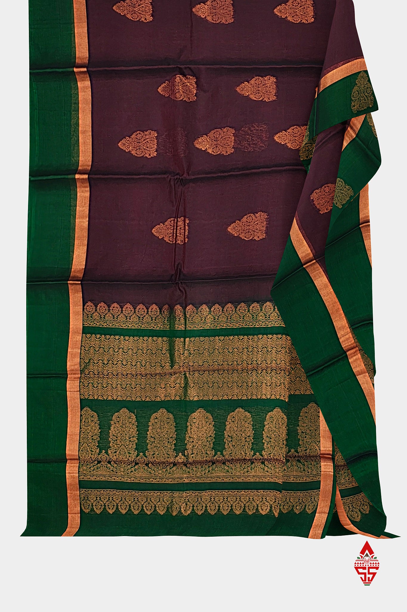 Brown Beautiful SICO Cotton Saree With Bottle Green Border