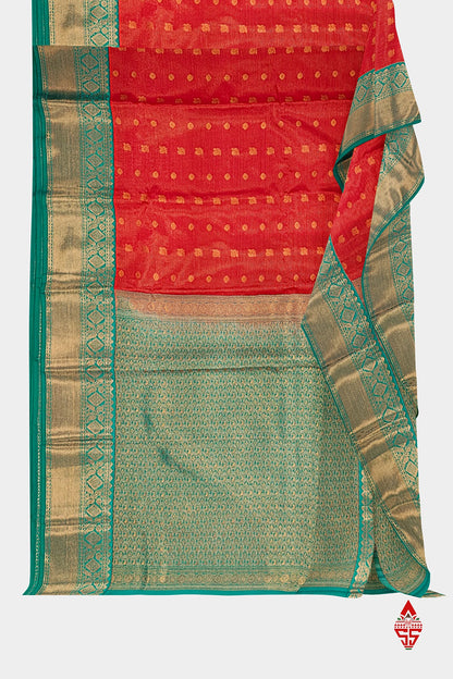 Red Vairaoosi  Semi Silk Saree With Sapphire Green Border