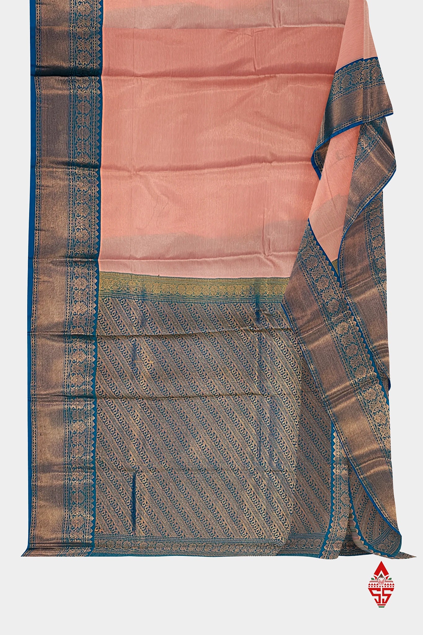 Light Peach Vairaoosi  Semi Silk Saree With Ramar Blue Border